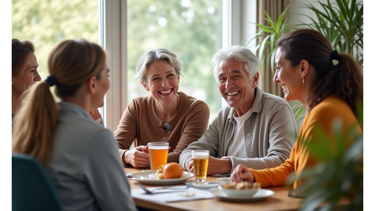 Diverse group of smiling adults 35+ interacting happily, representing a supportive community