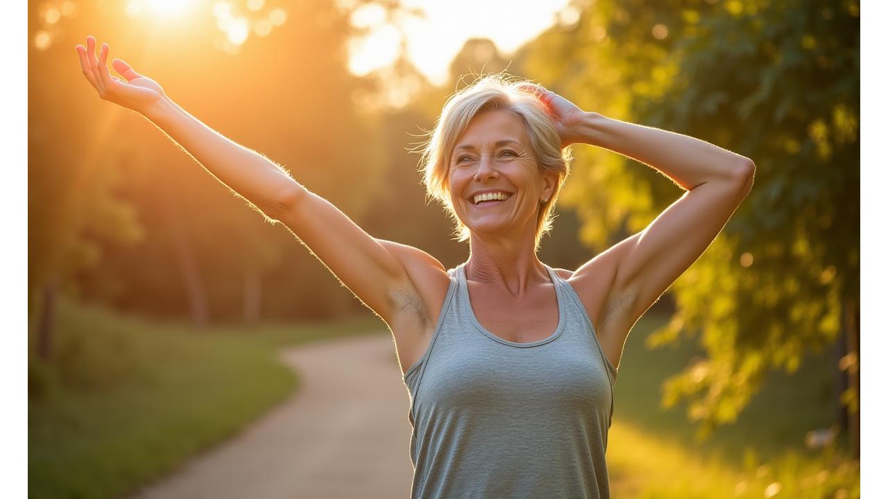 Joyful woman in her 40s stretching outside, embodying movement that fits life after 35, surrounded by natural light.