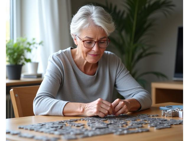 A person, mid-50s, solving a puzzle or engaged in a complex board game, symbolizing active cognitive function and mental sharpness.