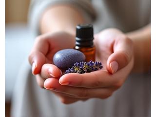 Hands holding aromatic essential oils and calming herbs, symbolizing stress relief and relaxation.