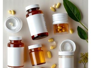 A variety of neatly arranged nutritional supplements and vitamins on a light wooden surface.