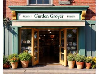 A friendly local grocery store with a prominent 'Garden Grocer' sign and fresh produce on display.