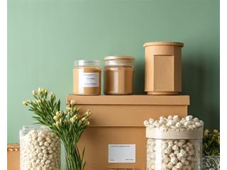 Biodegradable packaging materials, such as compostable mailers and recycled paper, neatly stacked.