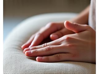 A person holding a soft, weighted mindfulness cushion for anxiety relief.