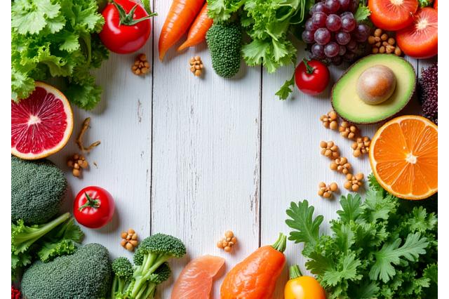 Rich, colorful spread of fresh, healthy fruits, vegetables, and lean proteins, emphasizing women's health.